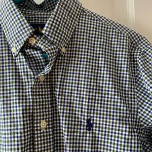 Men’s Ralph Lauren blue/olive plaid button-down shirt, size Small.